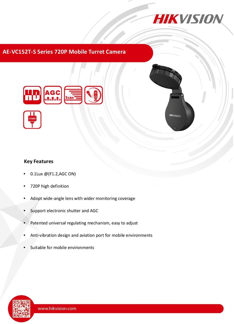 Hikvision AE-VC152T-S HD-TVI Mobile DVR Windscreen Camera with 2.1mm Lens, Microphone 0